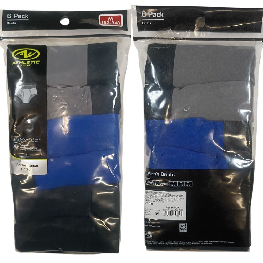 ATHLETIC WORKS 6-Pack Mens Briefs Underwear Size Medium Cotton Blend M Multicolo